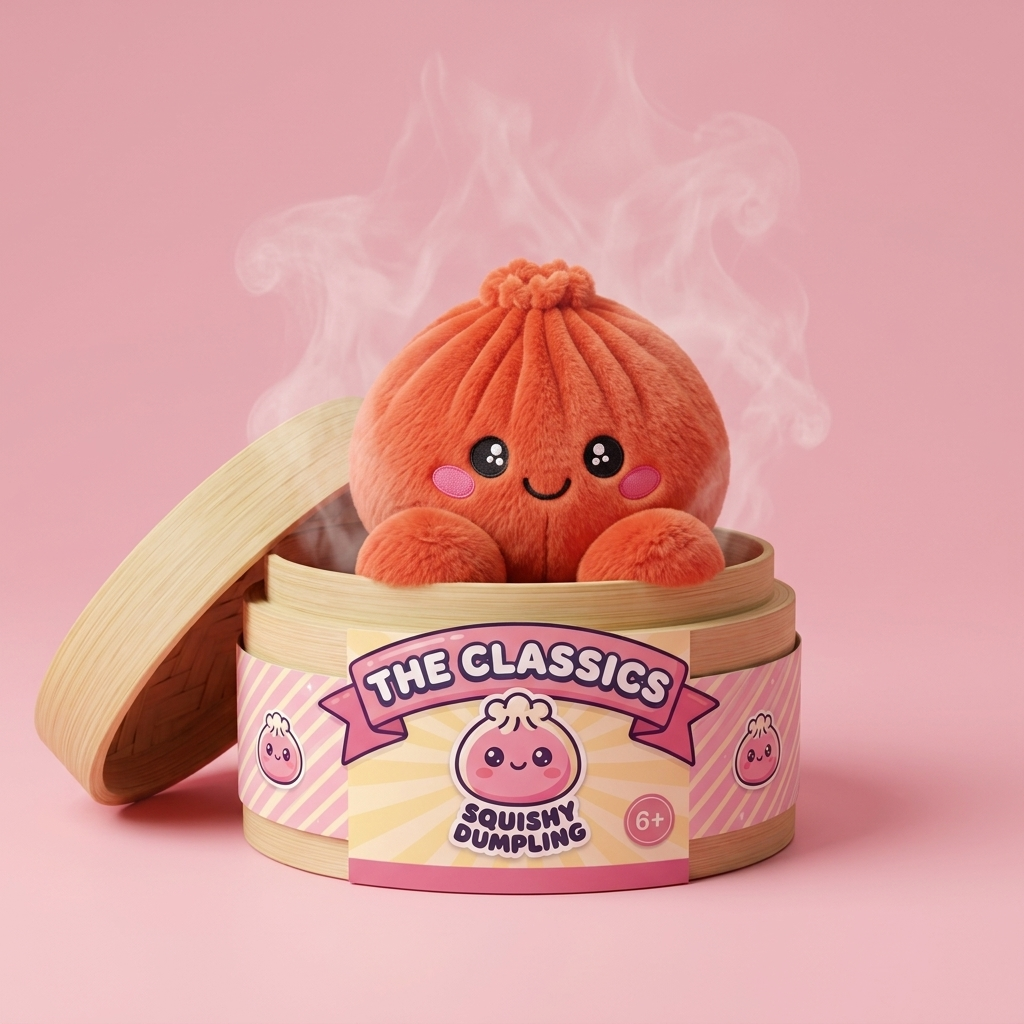 Dumpling Squishy Plüsch Rubinrot im Bambus-Dämpfkörbchen