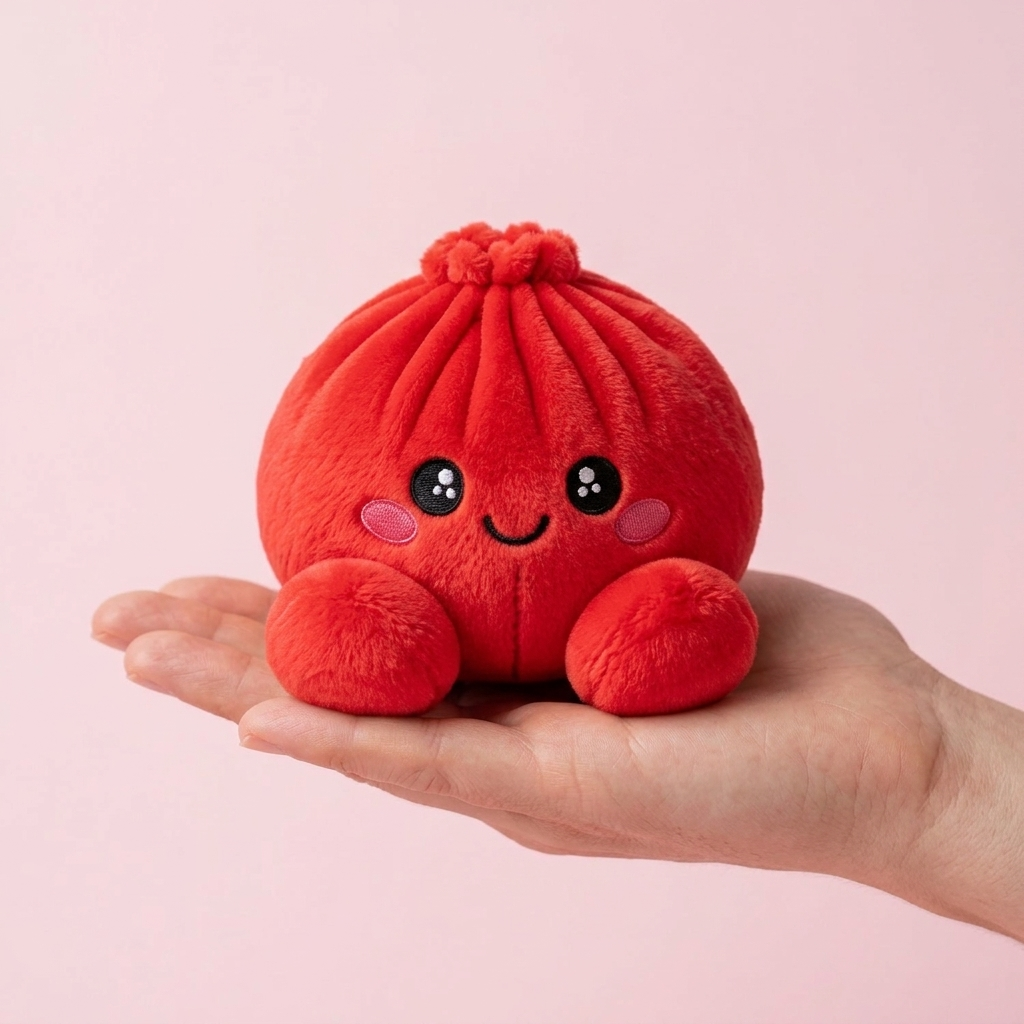 Dumpling Squishy Plüsch Rubinrot in der Hand gehalten, echte Größe