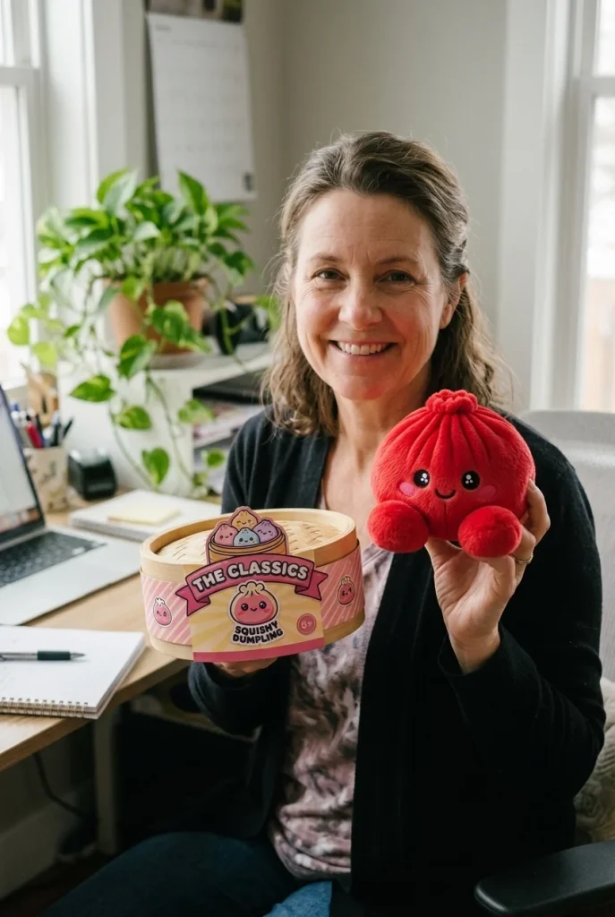 Dumpling Squishy Plüsch Rubinrot mit seiner Box