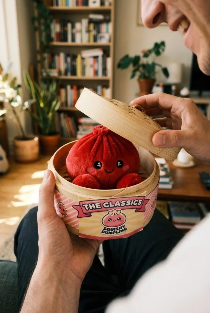 Dumpling Squishy Plüsch Rubinrot beim Auspacken