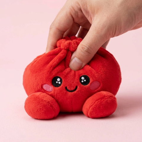 Dumpling Squishy Plüsch Rubinrot — slow-rise Effekt, der Schaum federt langsam zurück