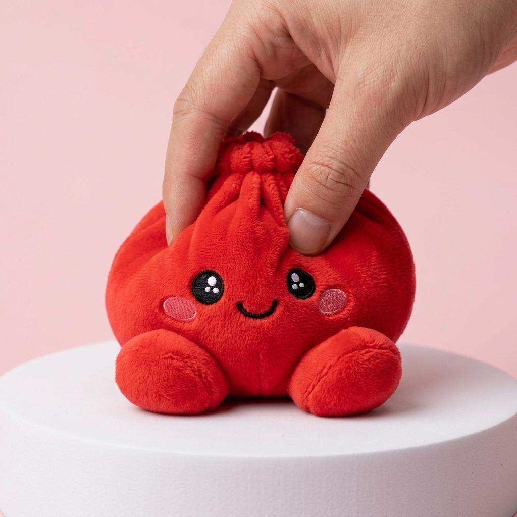 Dumpling Squishy Plüsch Rubinrot beim Drücken, weiches Material