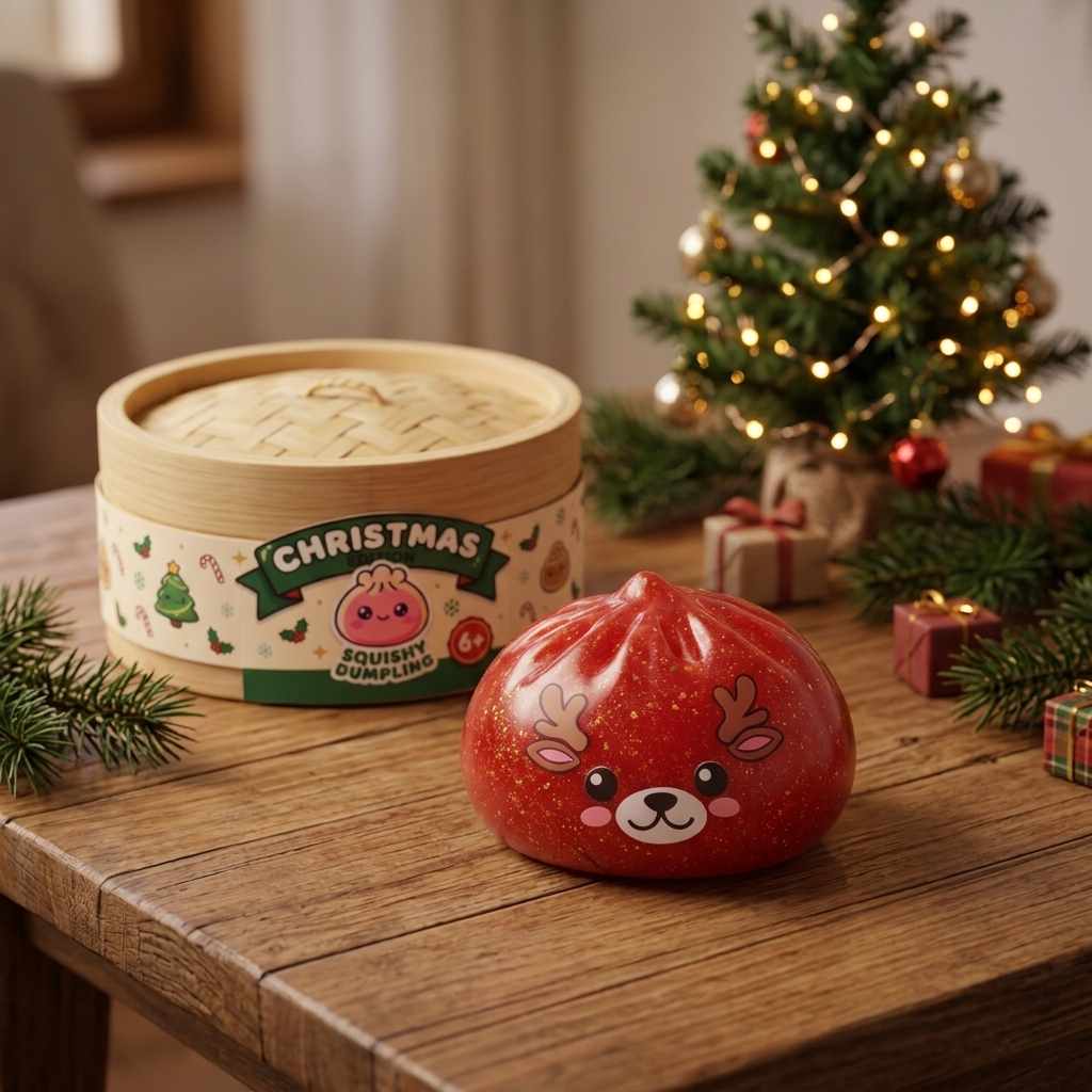 Dumpling Squishy Rentier Rot Glitter in seiner kawaii Umgebung