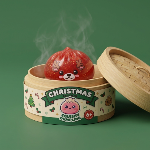 Dumpling Squishy Rentier Rot Glitter im Bambus-Dämpfkörbchen