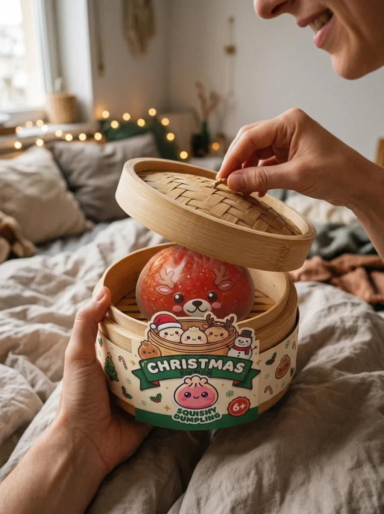 Dumpling Squishy Rentier Rot Glitter beim Auspacken