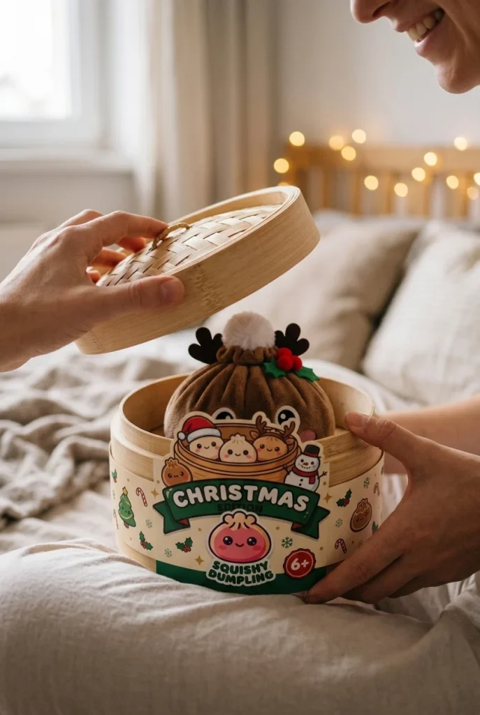 Dumpling Squishy Rentier Weihnachten beim Auspacken
