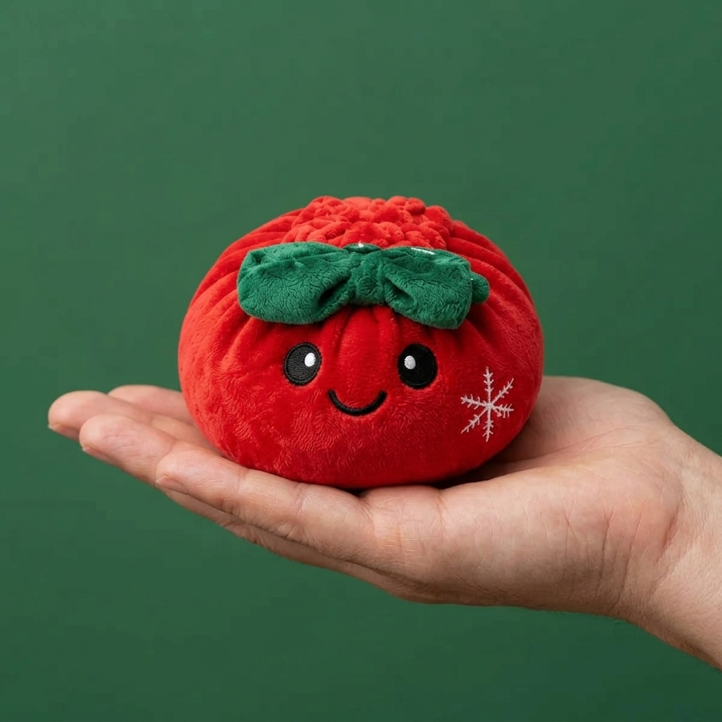 Squishy Dumpling Ribbon Bow Weihnachten Rot in der Hand gehalten, echte Größe