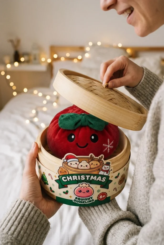 Squishy Dumpling Ribbon Bow Weihnachten Rot beim Auspacken