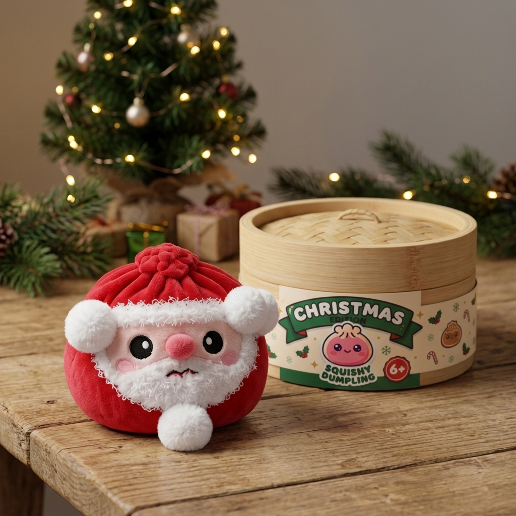 Squishy Dumpling Weihnachtsmann Plüsch in seiner kawaii Umgebung