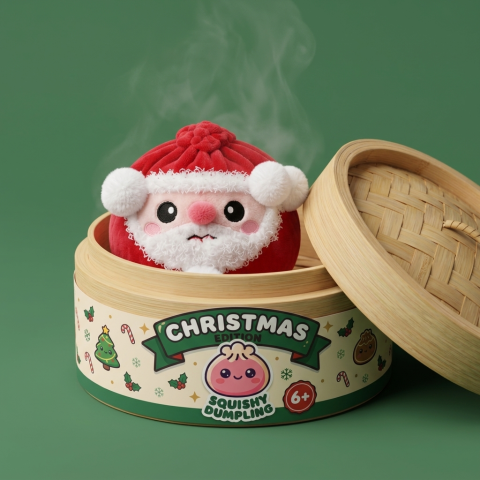 Squishy Dumpling Weihnachtsmann Plüsch im Bambus-Dämpfkörbchen