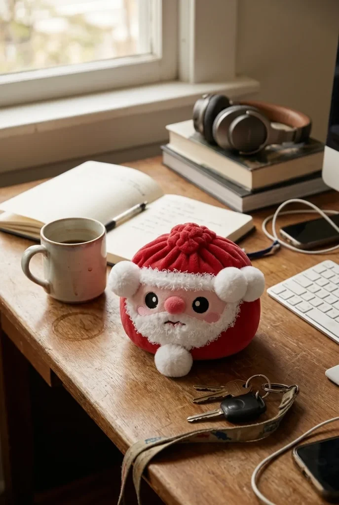 Squishy Dumpling Weihnachtsmann Plüsch auf dem Schreibtisch