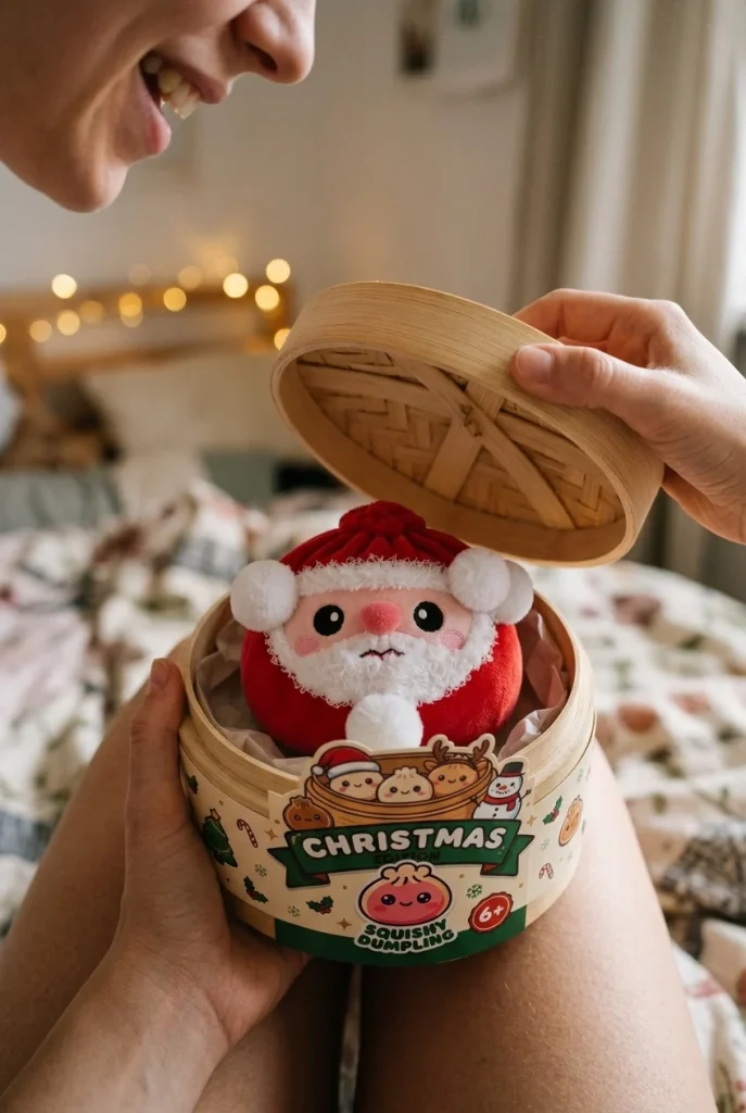 Squishy Dumpling Weihnachtsmann Plüsch beim Auspacken