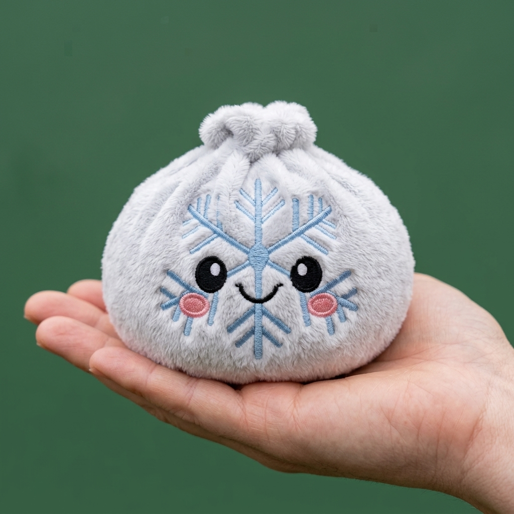 Dumpling Squishy Schneeflocke Winter in der Hand gehalten, echte Größe