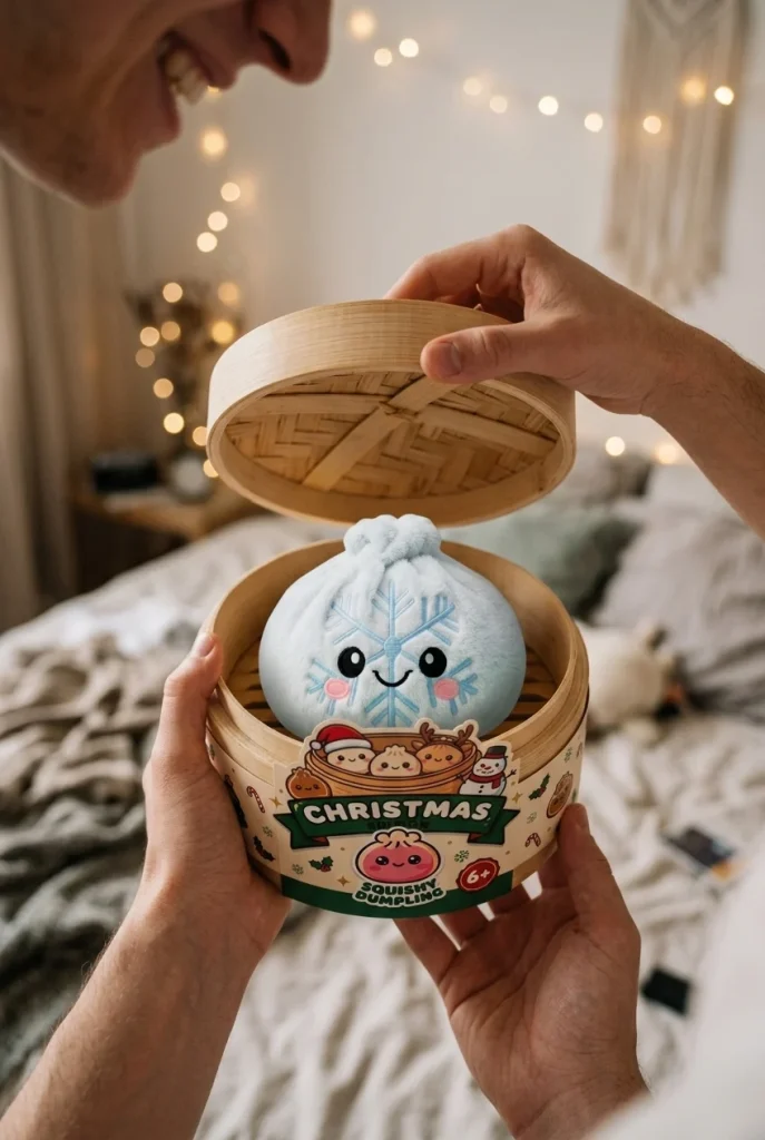 Dumpling Squishy Schneeflocke Winter beim Auspacken