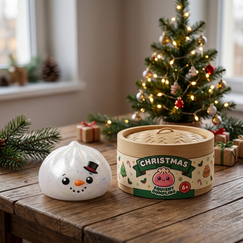 Dumpling Squishy Glitter Schneemann in seiner kawaii Umgebung