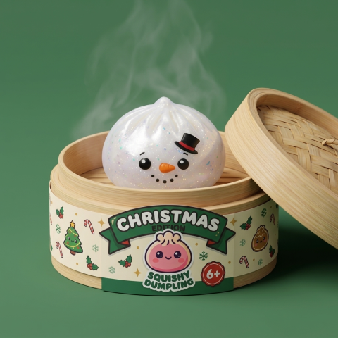 Dumpling Squishy Glitter Schneemann im Bambus-Dämpfkörbchen