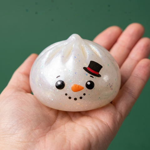 Dumpling Squishy Glitter Schneemann in der Hand gehalten, echte Größe