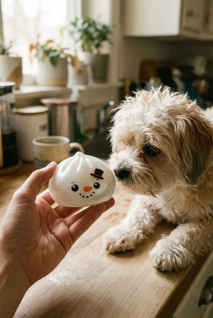Dumpling Squishy Glitter Schneemann mit einem Kuscheltier