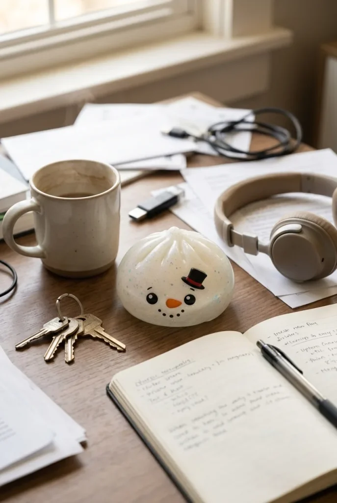 Dumpling Squishy Glitter Schneemann auf dem Schreibtisch