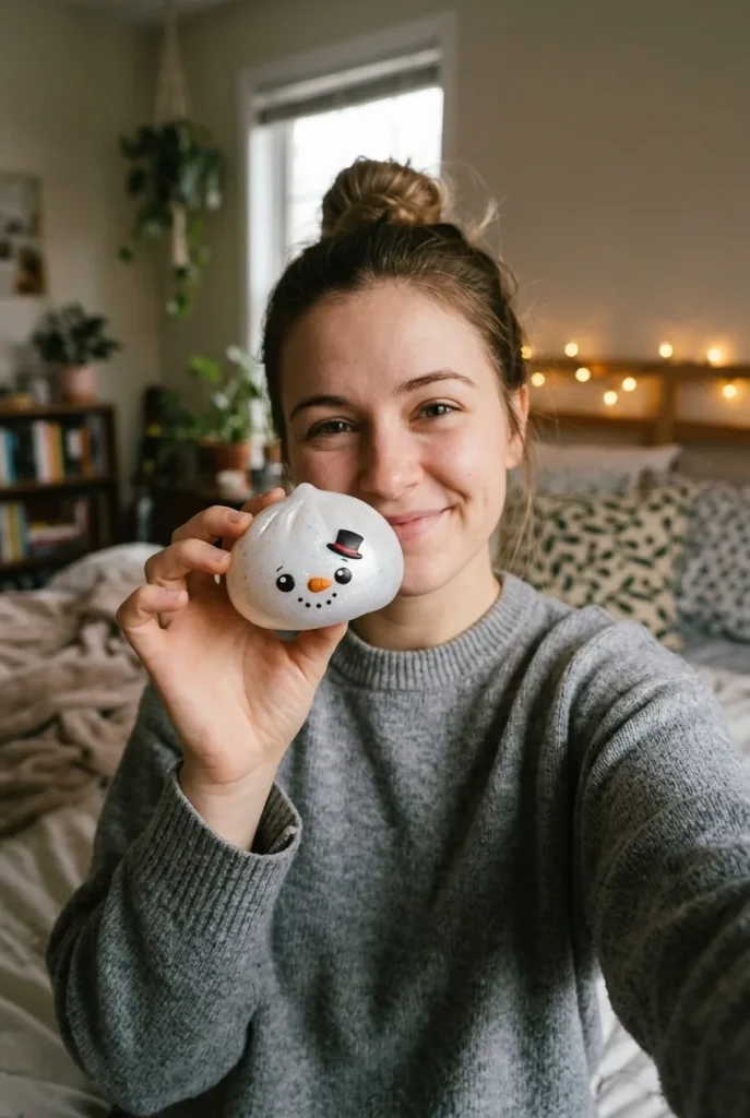 Dumpling Squishy Glitter Schneemann im Alltag