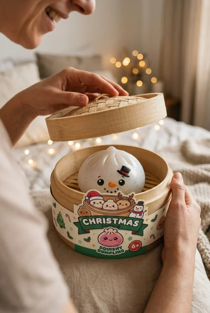 Dumpling Squishy Glitter Schneemann beim Auspacken