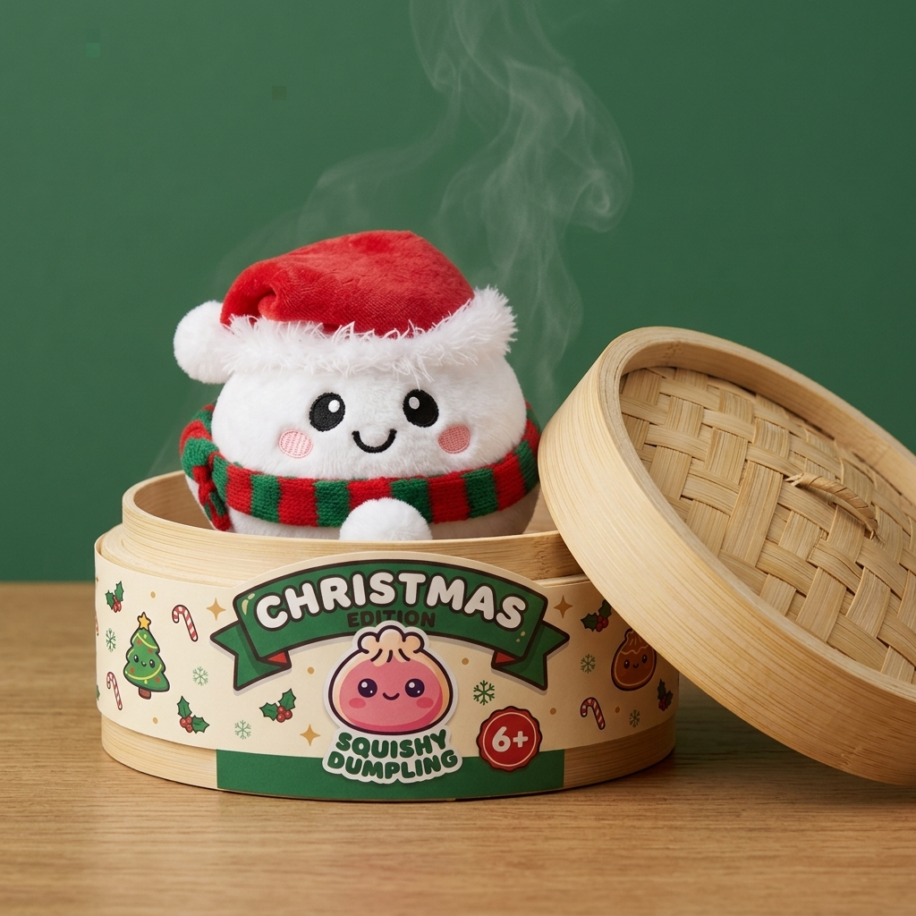 Squishy Dumpling Schneemann Plüsch im Bambus-Dämpfkörbchen