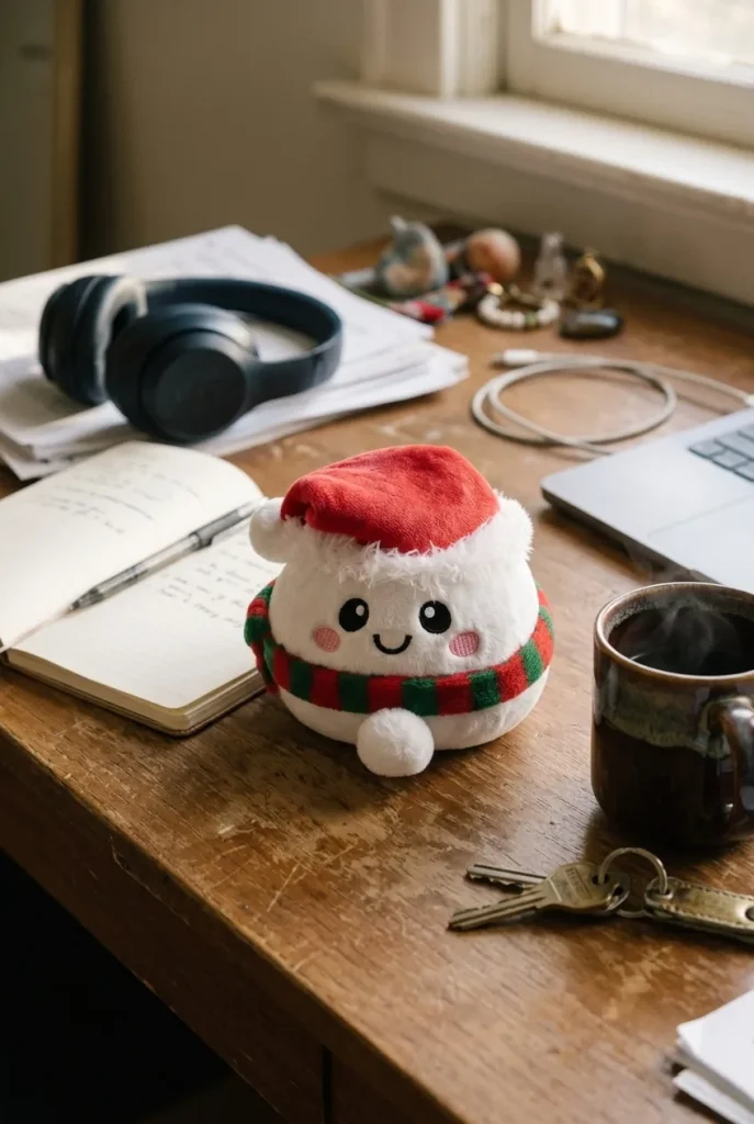 Squishy Dumpling Schneemann Plüsch auf dem Schreibtisch