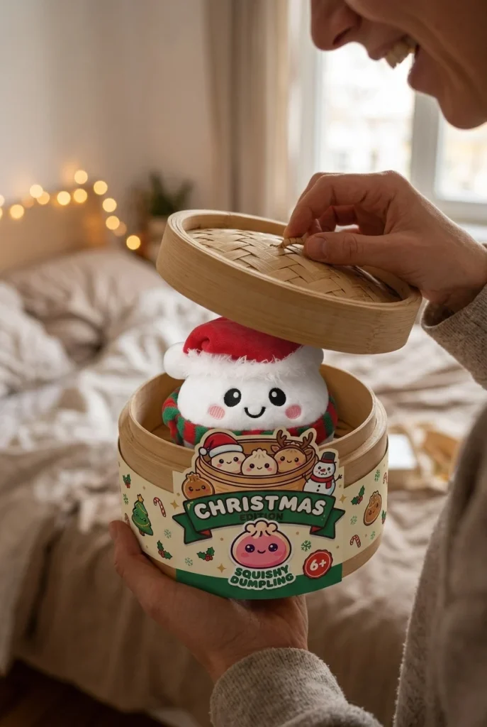 Squishy Dumpling Schneemann Plüsch beim Auspacken