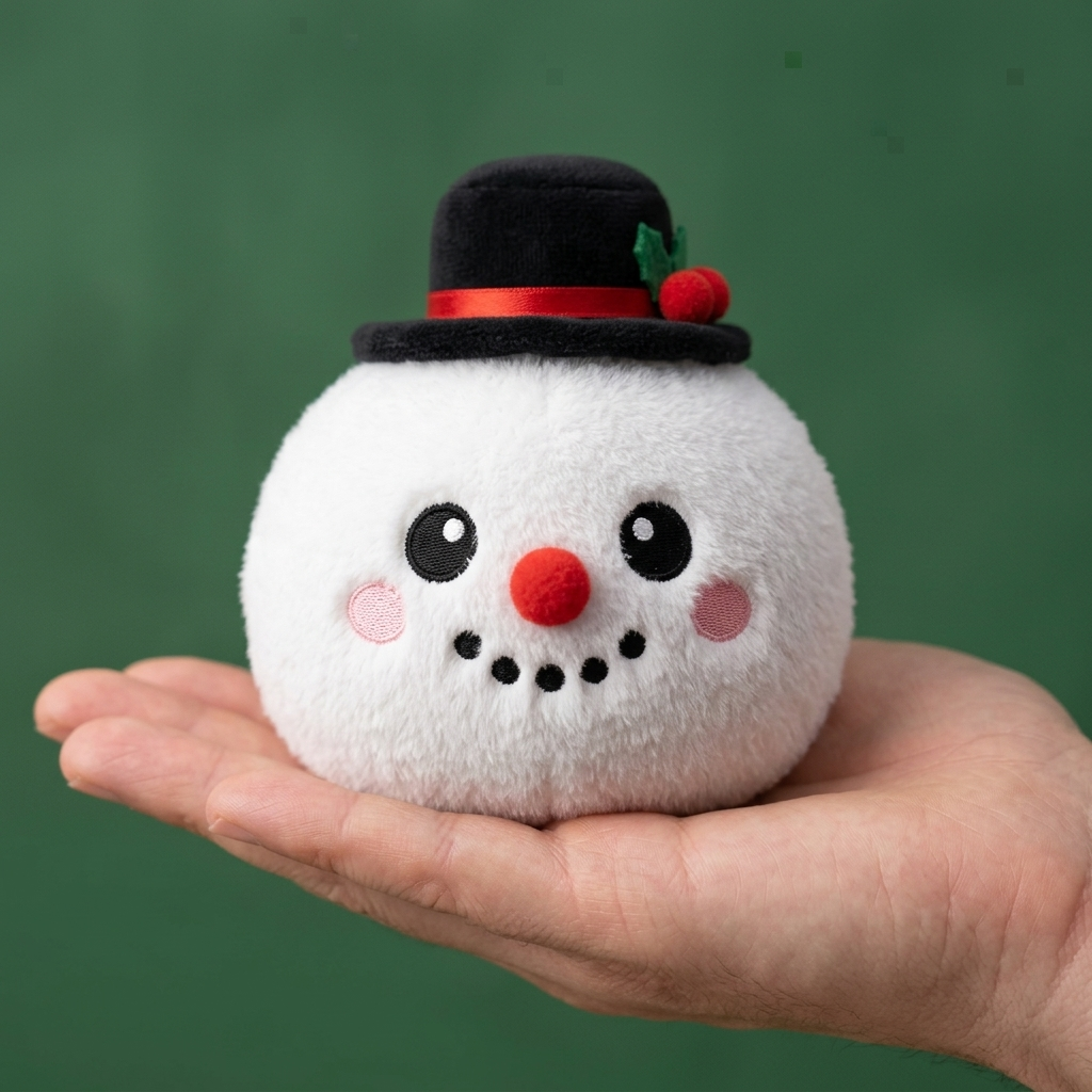 Snowman Dumpling Squishy Zylinderhut in der Hand gehalten, echte Größe