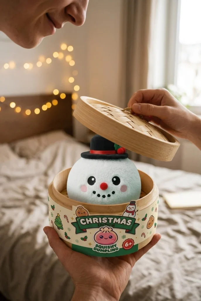 Snowman Dumpling Squishy Zylinderhut beim Auspacken