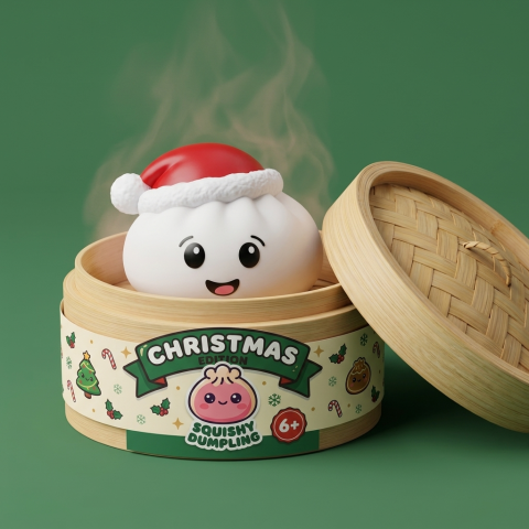 Squishy Dumpling Christmas Hat Weiß im Bambus-Dämpfkörbchen
