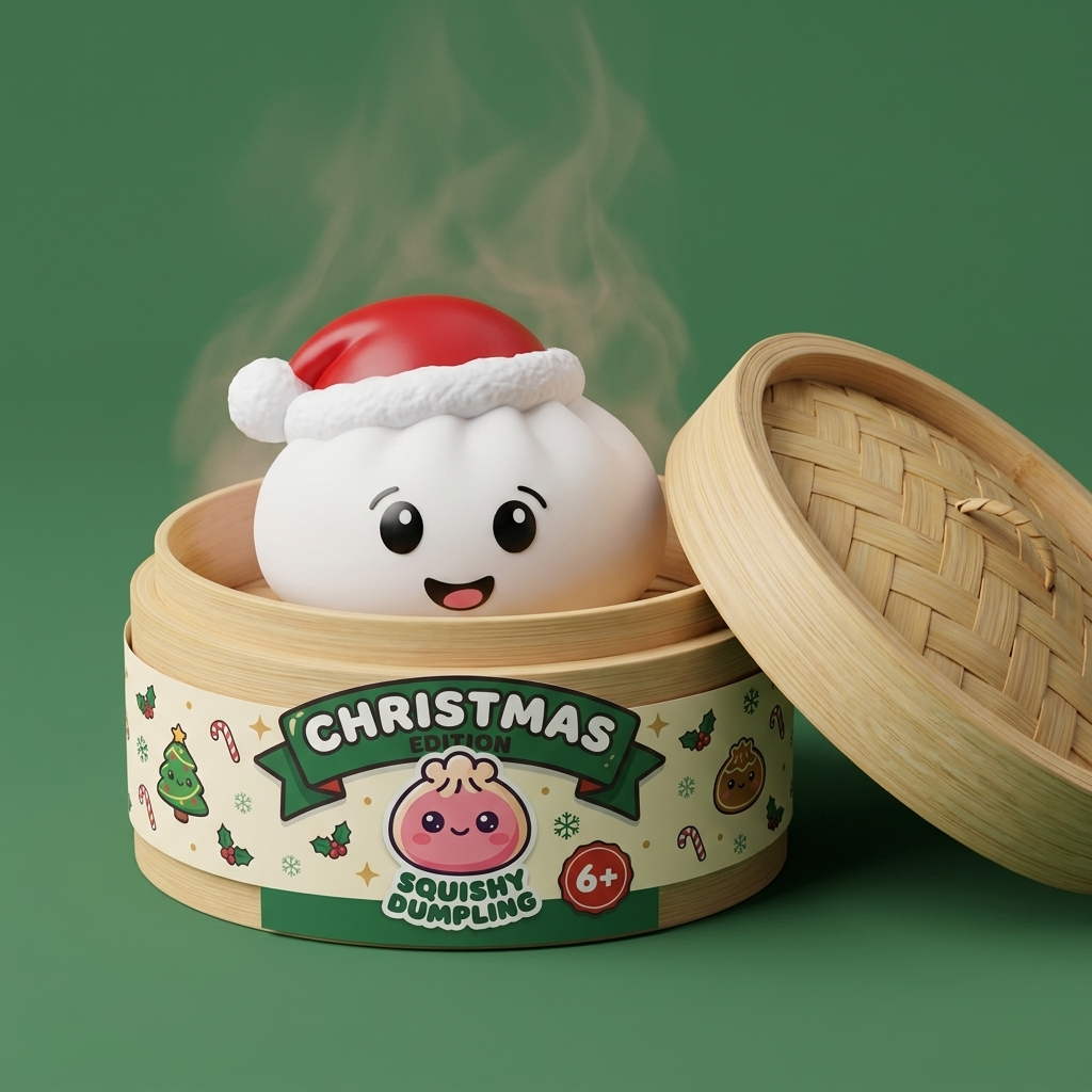 Squishy Dumpling Christmas Hat Weiß im Bambus-Dämpfkörbchen
