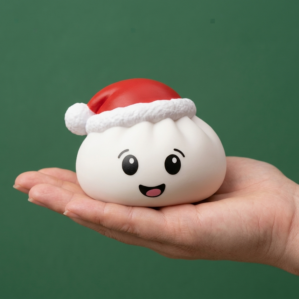 Squishy Dumpling Christmas Hat Weiß in der Hand gehalten, echte Größe
