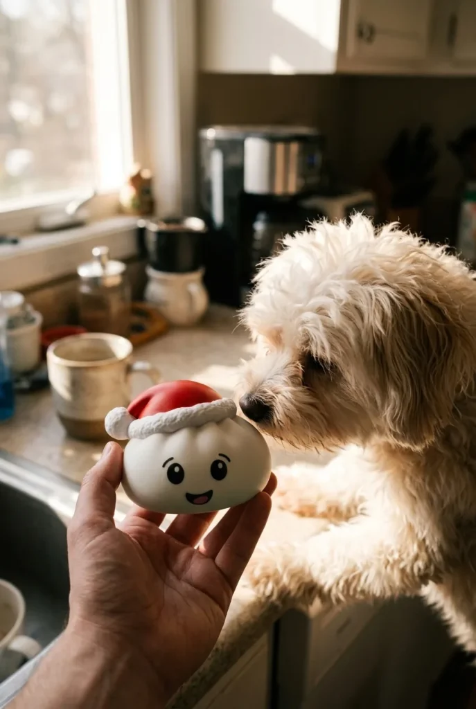 Squishy Dumpling Christmas Hat Weiß mit einem Kuscheltier
