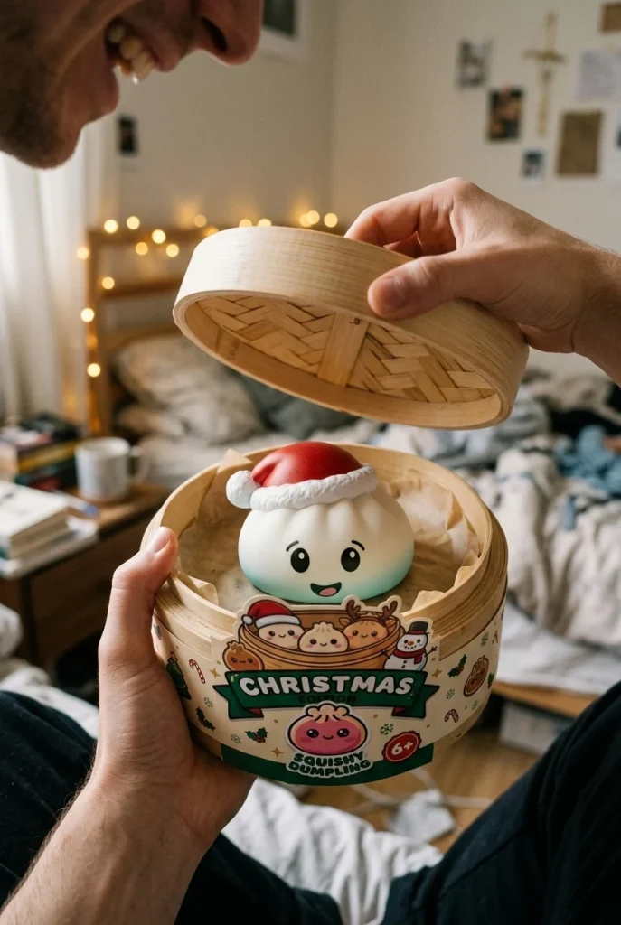 Squishy Dumpling Christmas Hat Weiß beim Auspacken