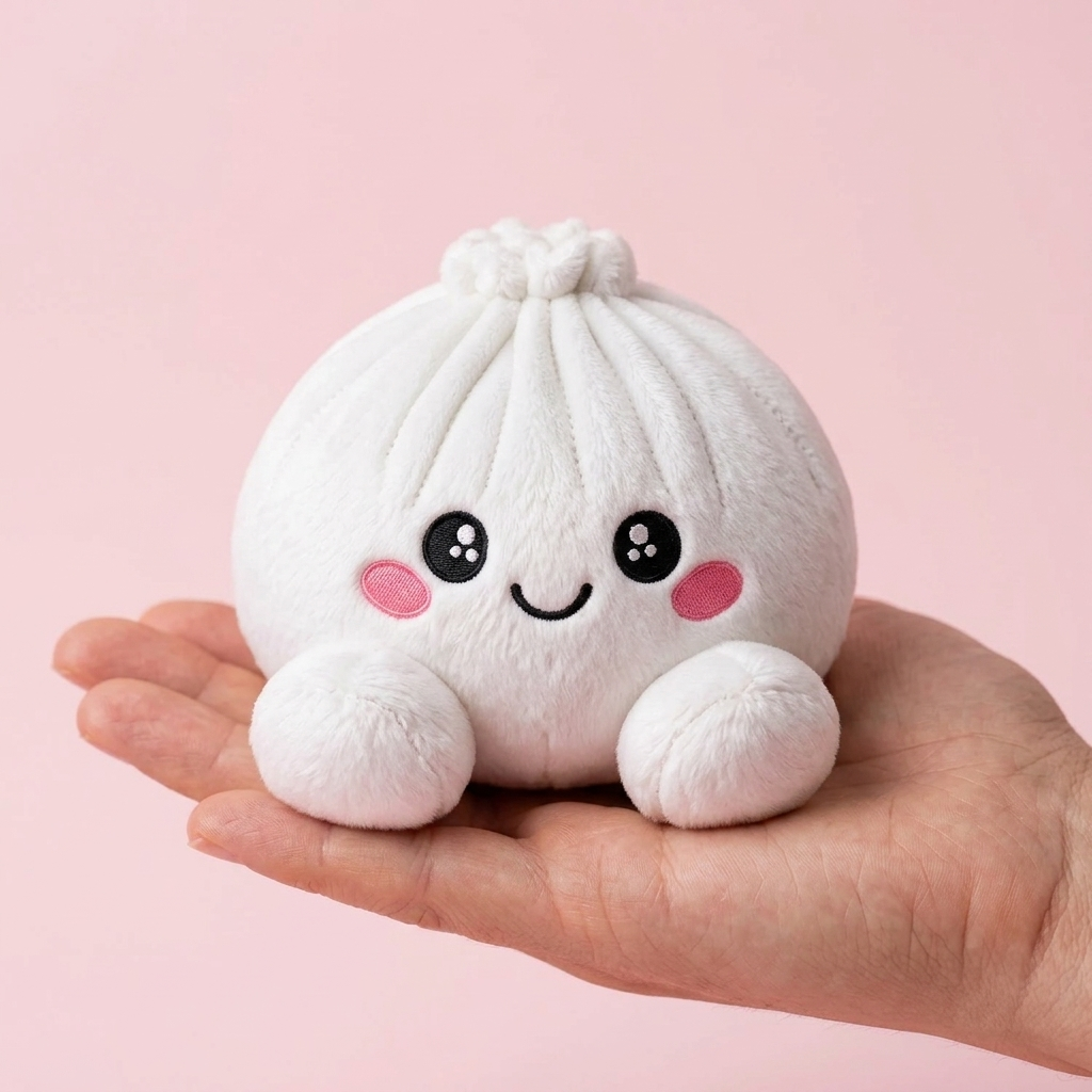 Marshmallow Dumpling Squishy Plush Weiß in der Hand gehalten, echte Größe