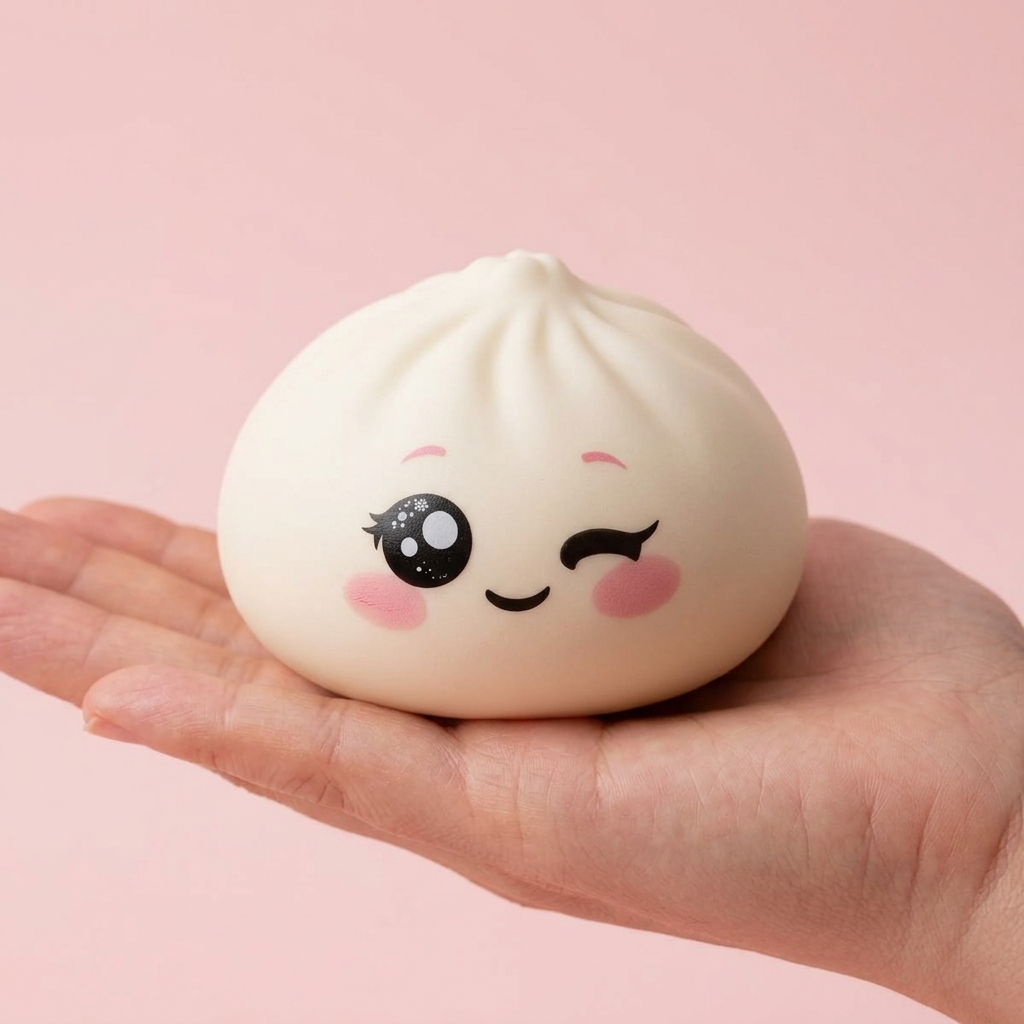 Squishy Dumpling Weiß Zwinkern in der Hand gehalten, echte Größe