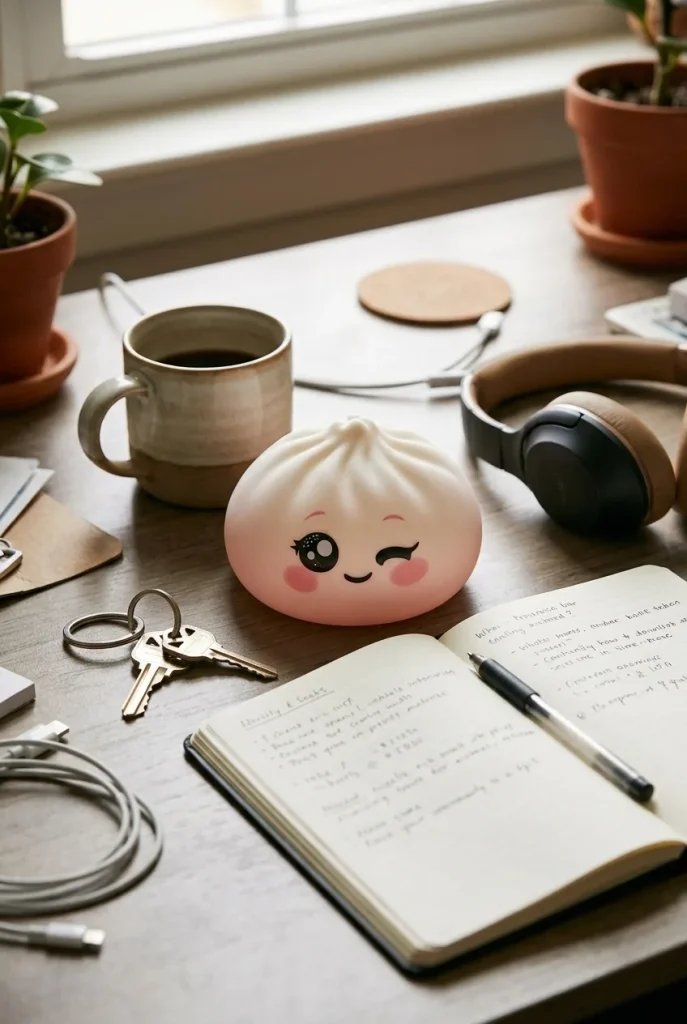 Squishy Dumpling Weiß Zwinkern auf dem Schreibtisch