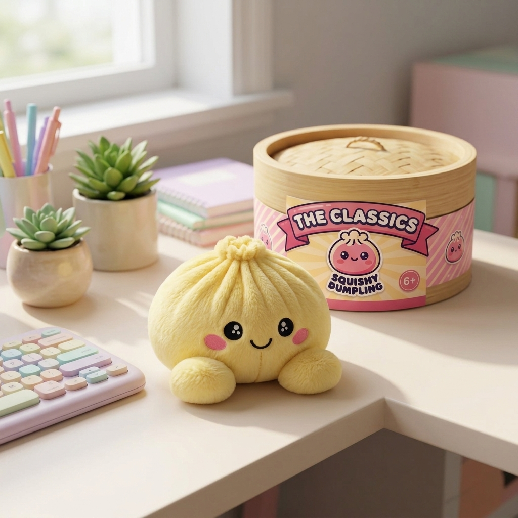 Dumpling Squishy Zitronengelb in seiner kawaii Umgebung
