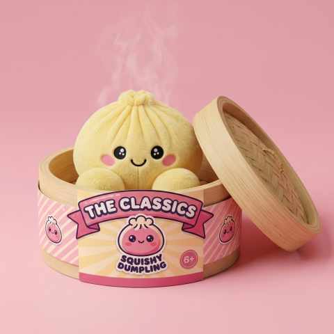 Dumpling Squishy Zitronengelb im Bambus-Dämpfkörbchen