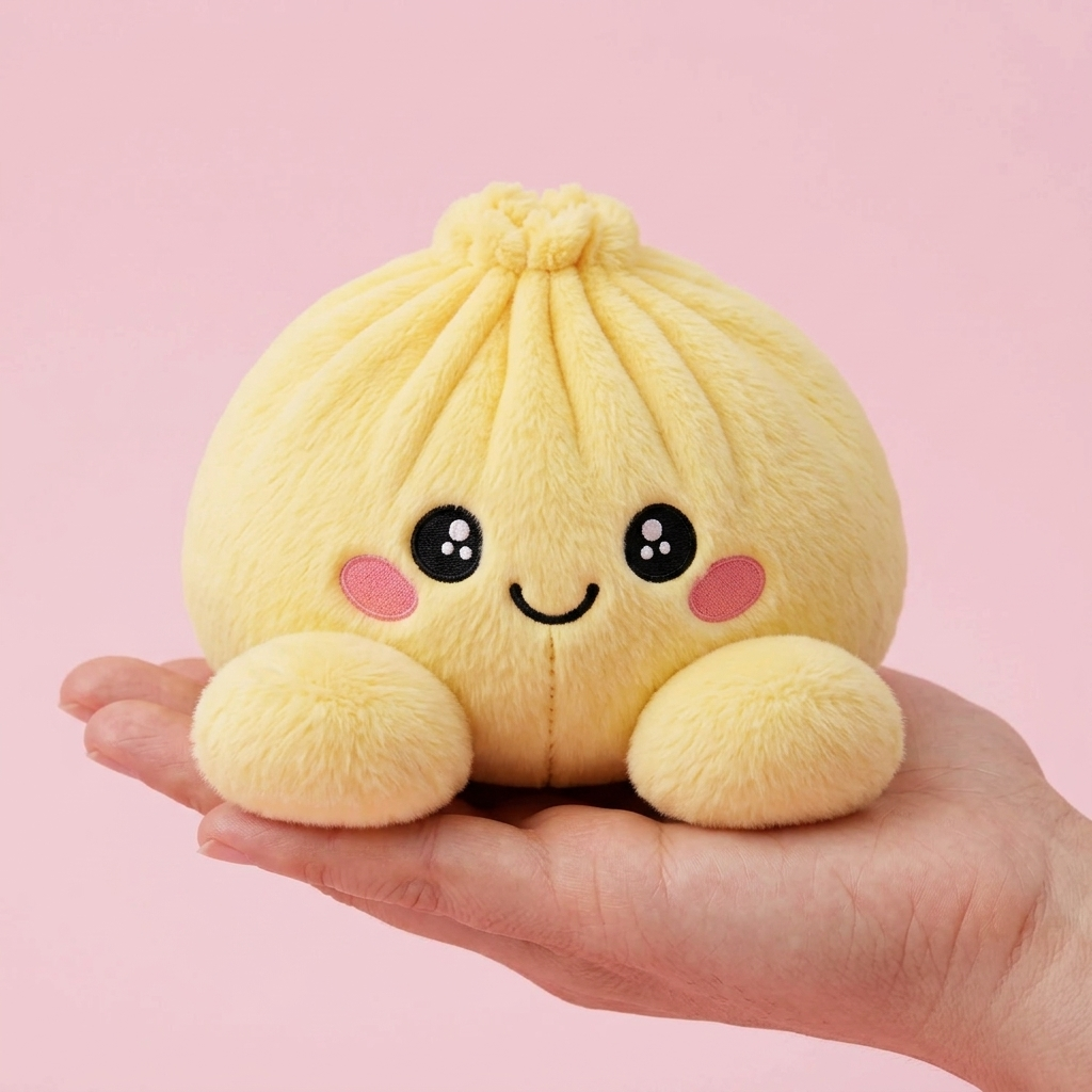 Dumpling Squishy Zitronengelb in der Hand gehalten, echte Größe