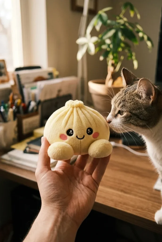 Dumpling Squishy Zitronengelb mit einem Kuscheltier