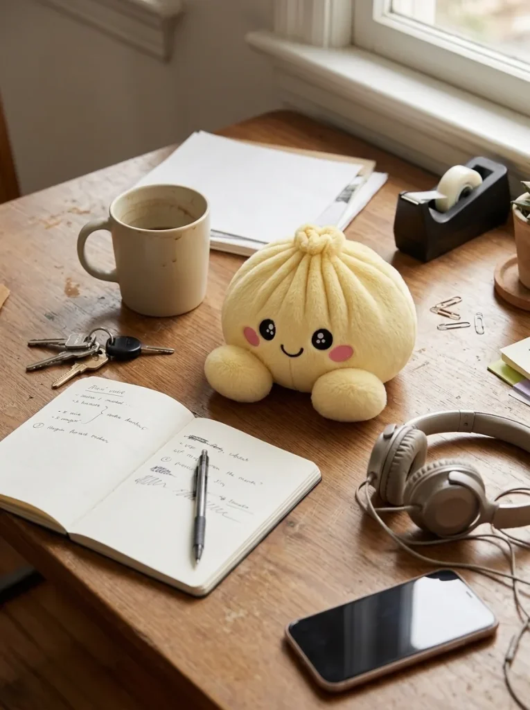 Dumpling Squishy Zitronengelb auf dem Schreibtisch